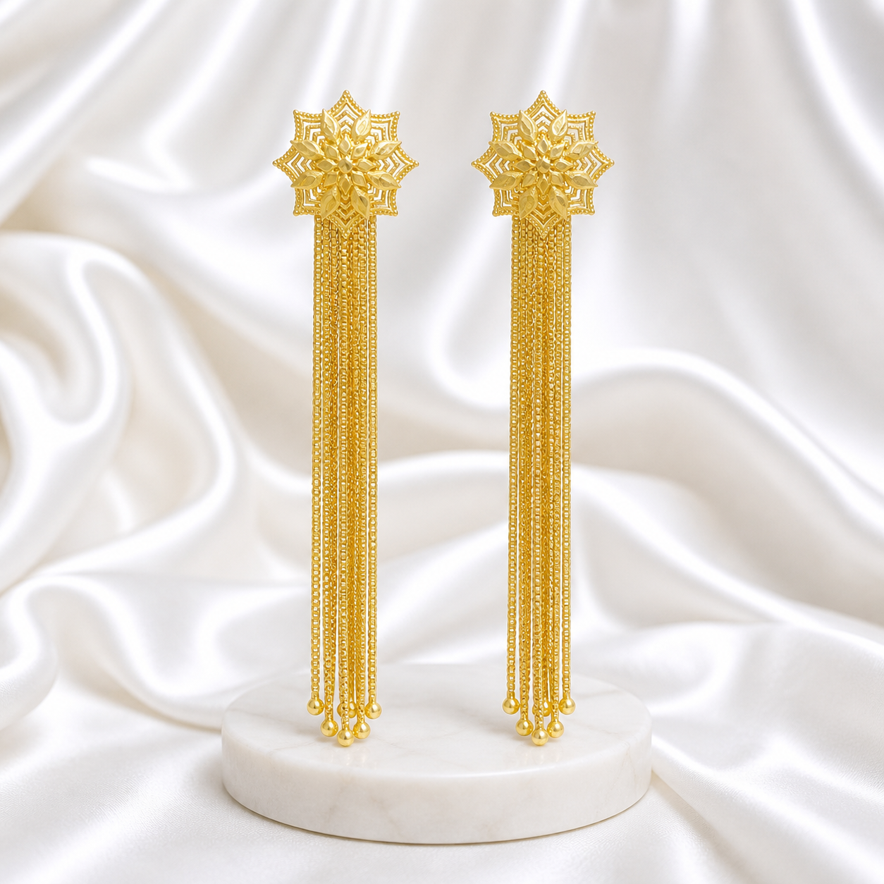 Floral Starburst Long Chain Tassel Earrings – Handmade Gold-Plated Pair