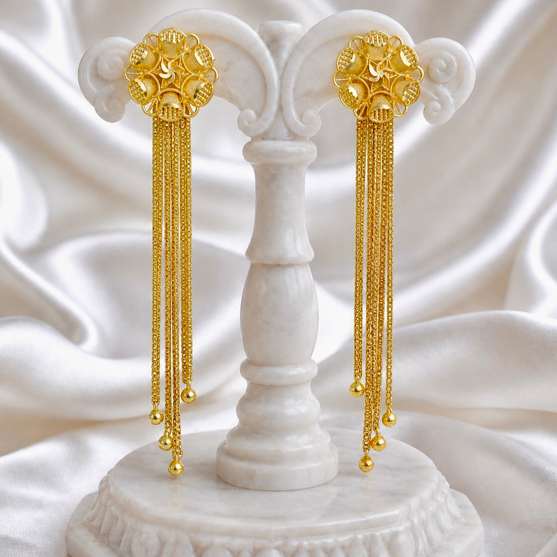 Floral Top Gold Chain Tassel Earrings – Handmade Micro Gold-Plated Long Earrings