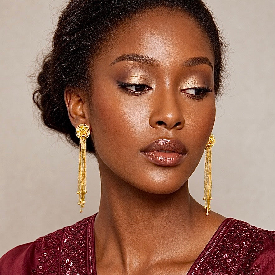 Floral Top Gold Chain Tassel Earrings – Handmade Micro Gold-Plated Long Earrings