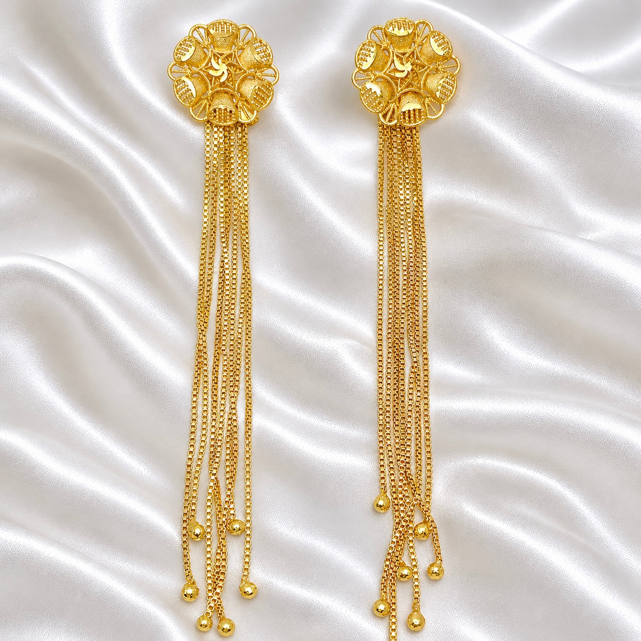 Floral Top Gold Chain Tassel Earrings – Handmade Micro Gold-Plated Long Earrings
