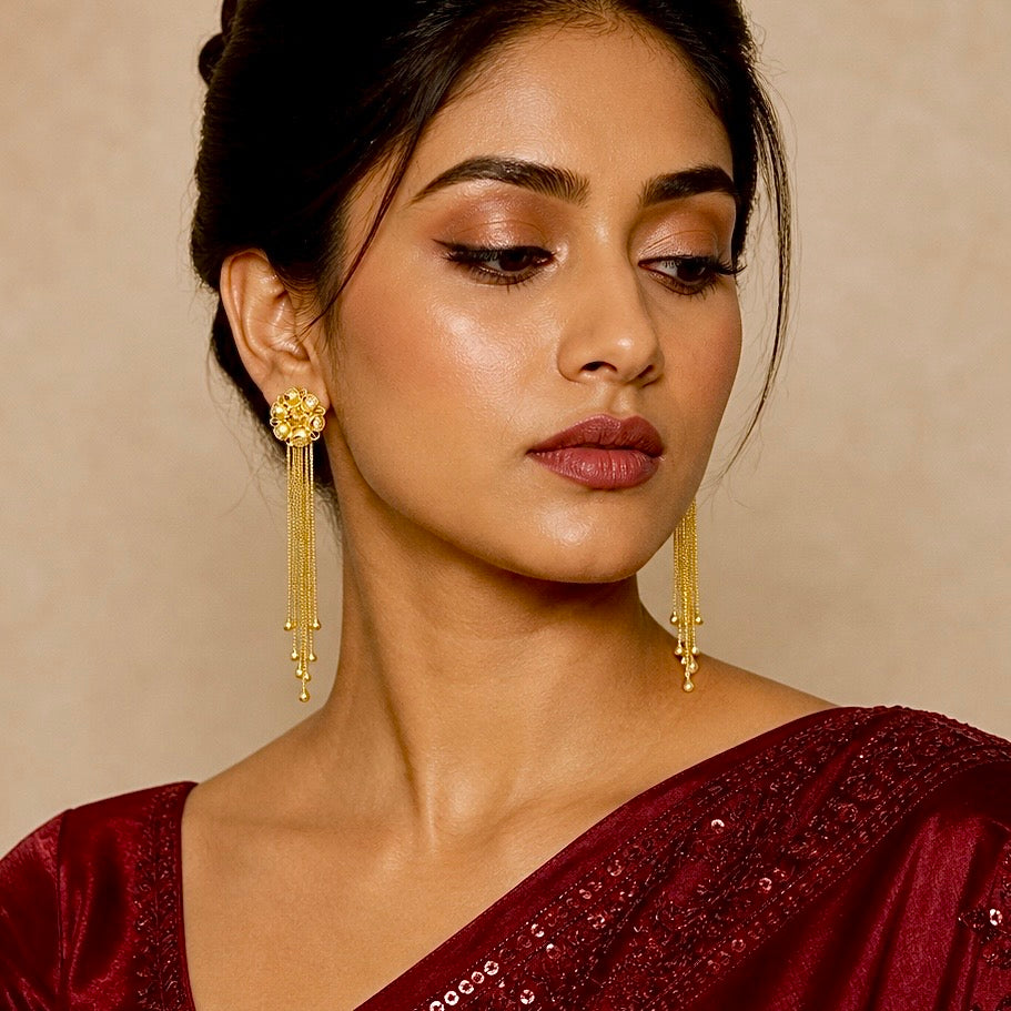 Floral Top Gold Chain Tassel Earrings – Handmade Micro Gold-Plated Long Earrings