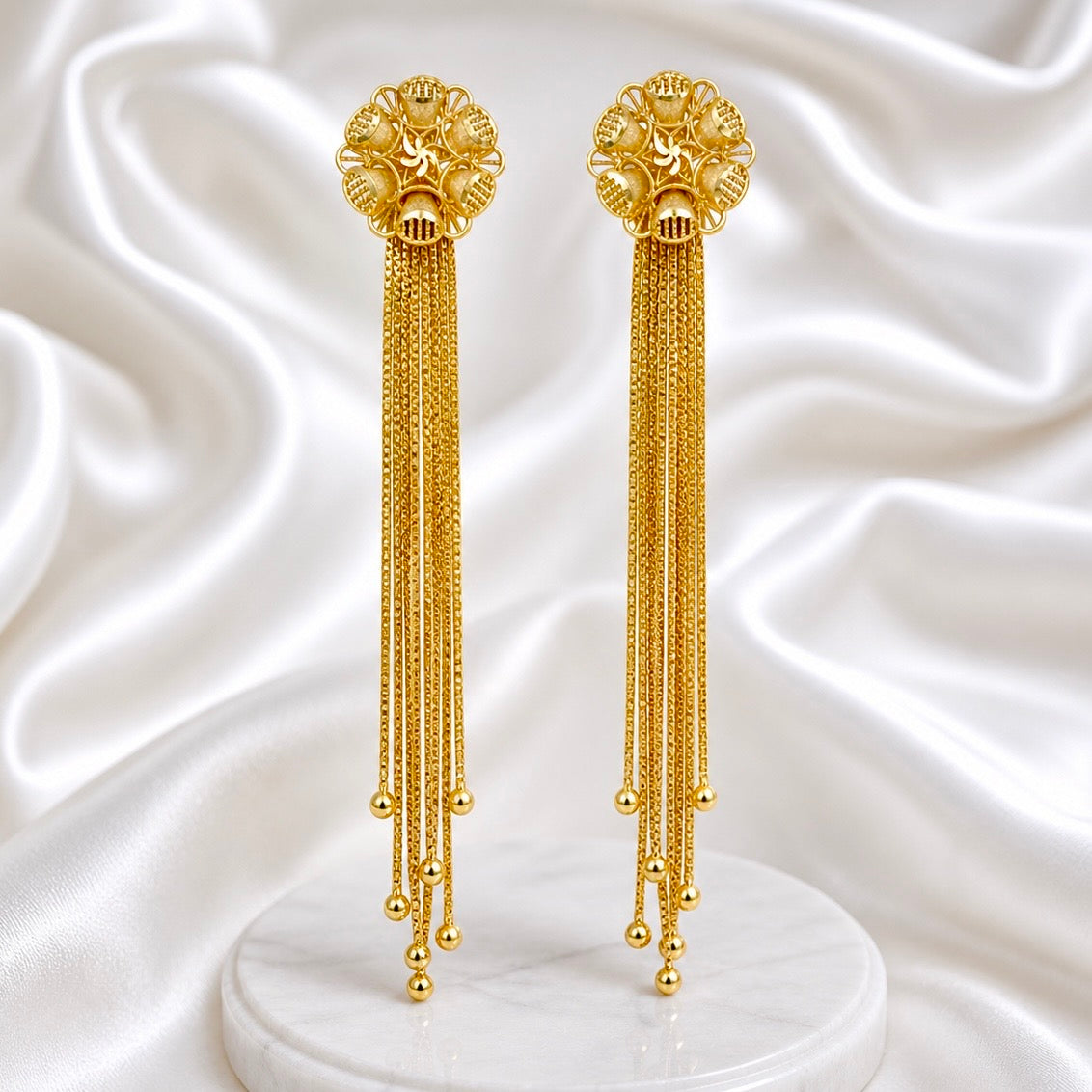 Floral Top Gold Chain Tassel Earrings – Handmade Micro Gold-Plated Long Earrings
