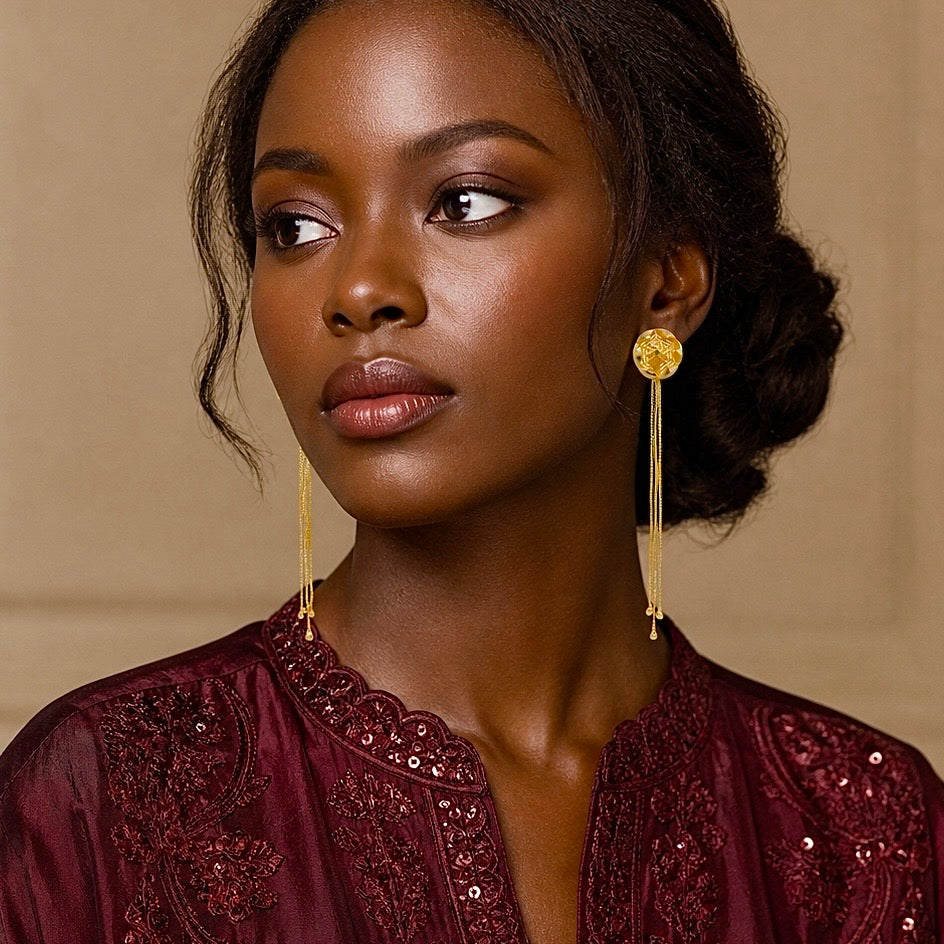 Gold Geometric Floral Stud with Chain Tassel Earrings – Premium Micro Gold Plated Handmade Jewellery