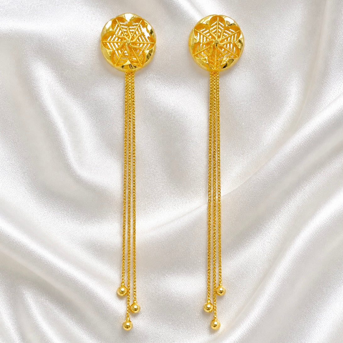 Gold Geometric Floral Stud with Chain Tassel Earrings – Premium Micro Gold Plated Handmade Jewellery