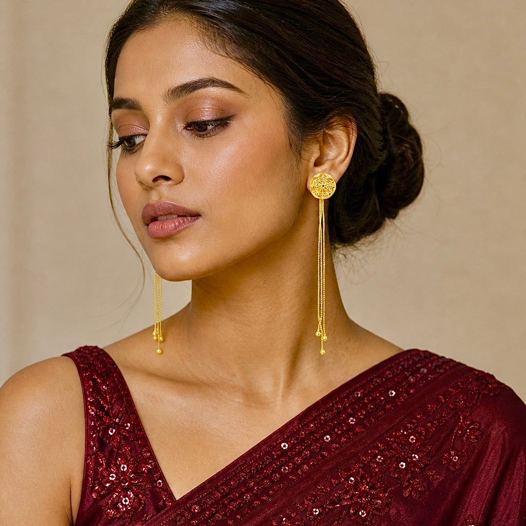 Gold Geometric Floral Stud with Chain Tassel Earrings – Premium Micro Gold Plated Handmade Jewellery