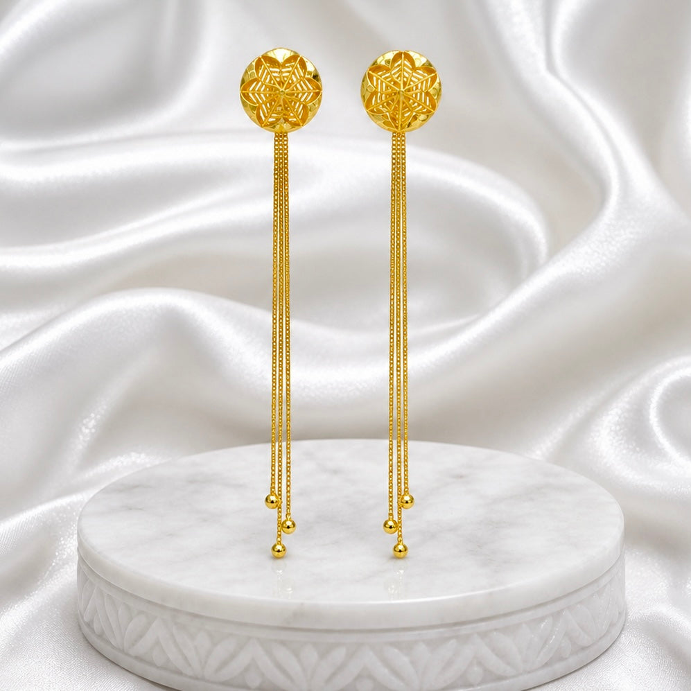 Gold Geometric Floral Stud with Chain Tassel Earrings – Premium Micro Gold Plated Handmade Jewellery
