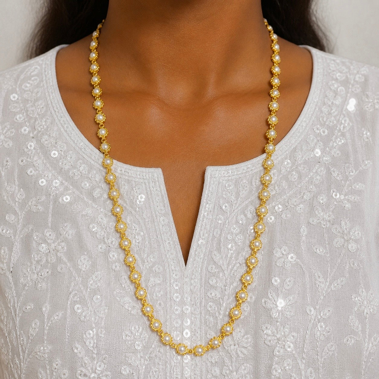 Microplated Gold Pearl Floral Neck Chain
