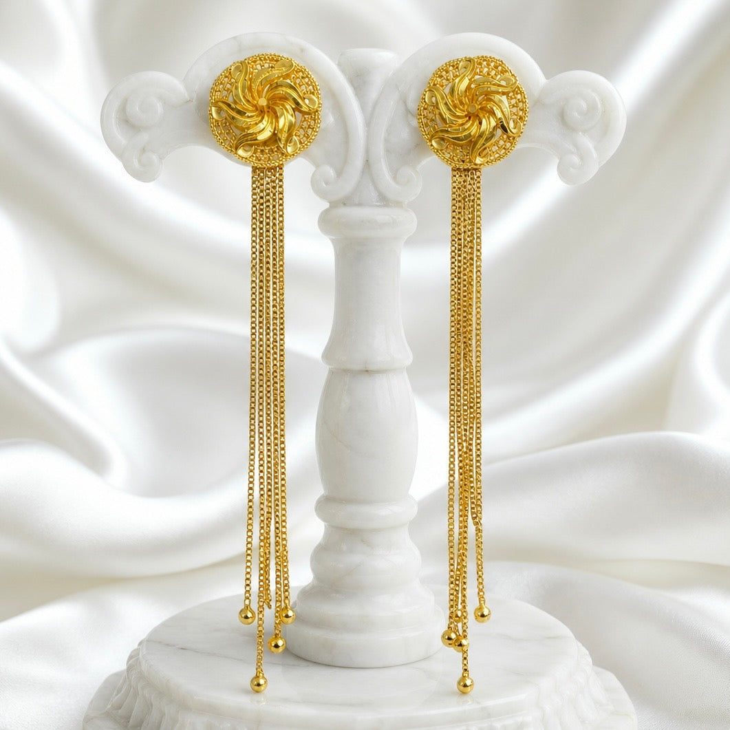Gold Floral Stud with Long Chain Tassel Earrings – Micro Plated Temple Style