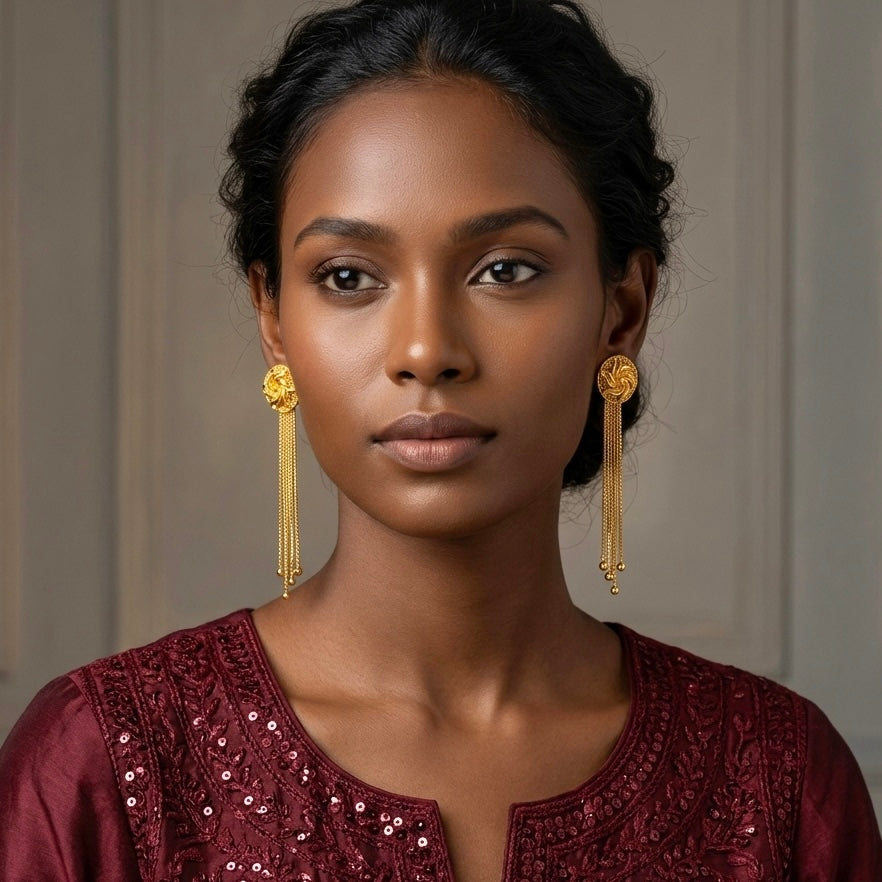 Gold Floral Stud with Long Chain Tassel Earrings – Micro Plated Temple Style