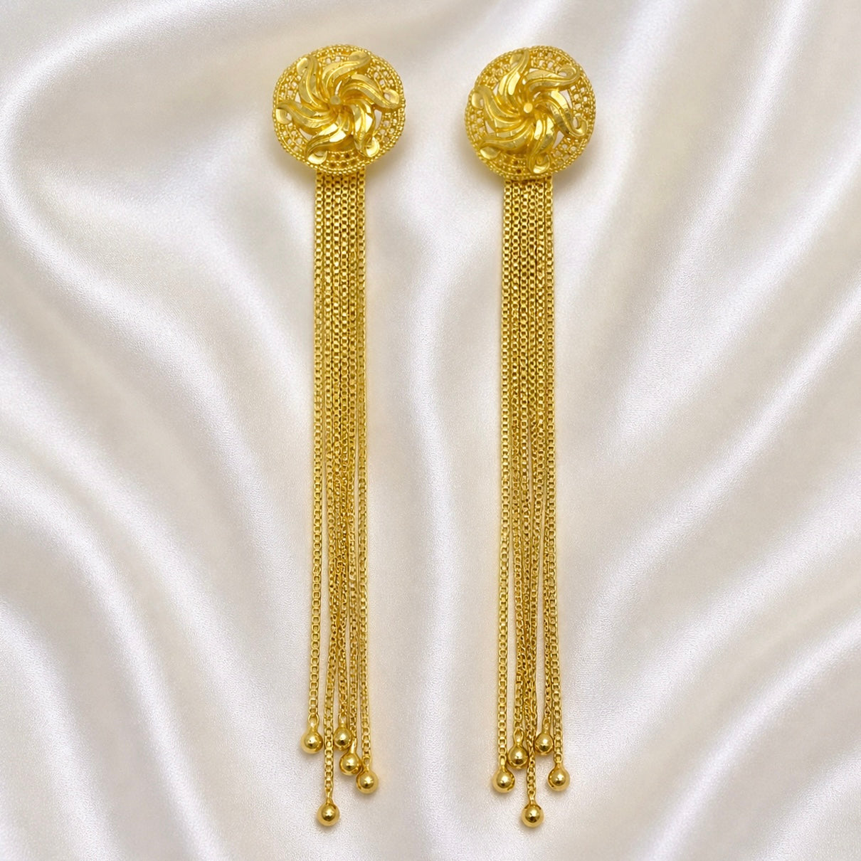 Gold Floral Stud with Long Chain Tassel Earrings – Micro Plated Temple Style