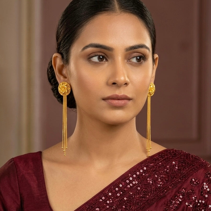 Gold Floral Stud with Long Chain Tassel Earrings – Micro Plated Temple Style