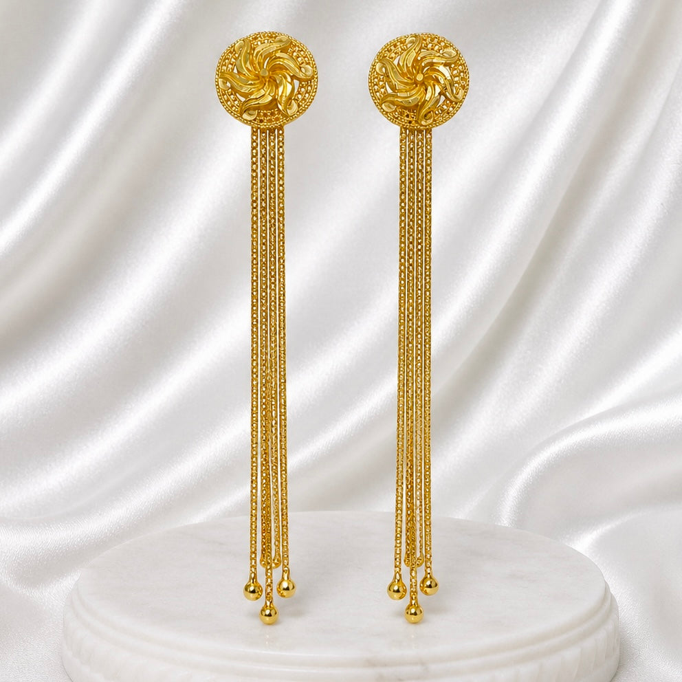 Gold Floral Stud with Long Chain Tassel Earrings – Micro Plated Temple Style
