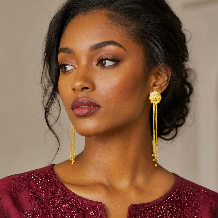 Floral Top Long Chain Tassel Gold Earrings – Lightweight Temple Style