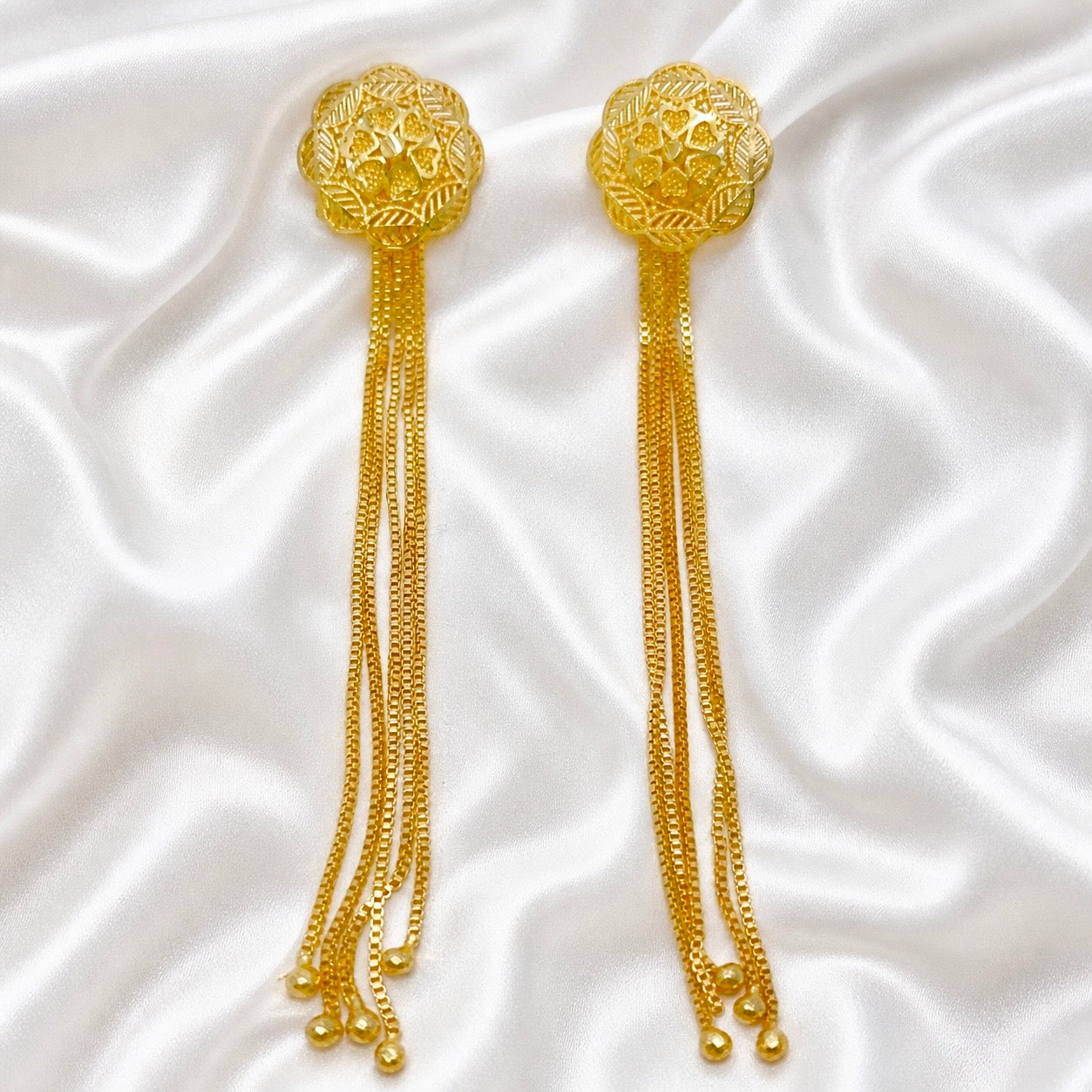 Floral Top Long Chain Tassel Gold Earrings – Lightweight Temple Style