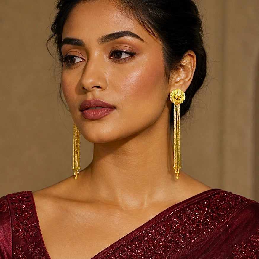 Floral Top Long Chain Tassel Gold Earrings – Lightweight Temple Style