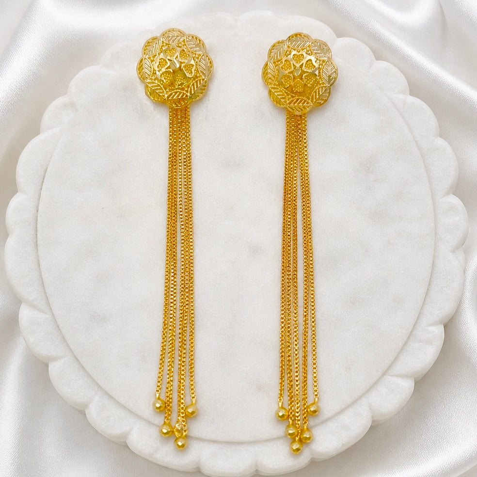 Floral Top Long Chain Tassel Gold Earrings – Lightweight Temple Style
