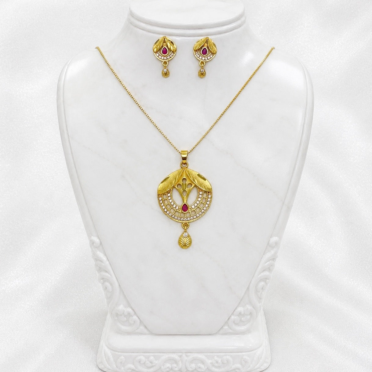 Gold Plated AD & Ruby Necklace Set with Earrings | Microplated Designer Pendant Set
