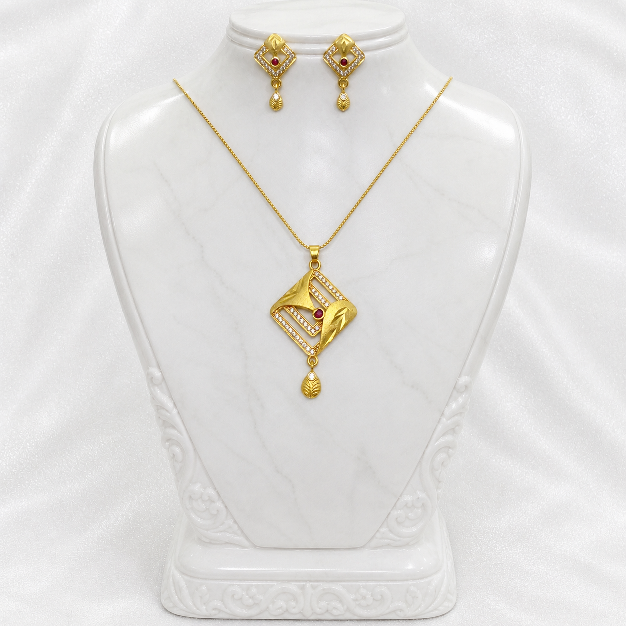 Luxury Ruby AD Geometric Gold Necklace Set | Premium Microplated Statement Jewellery