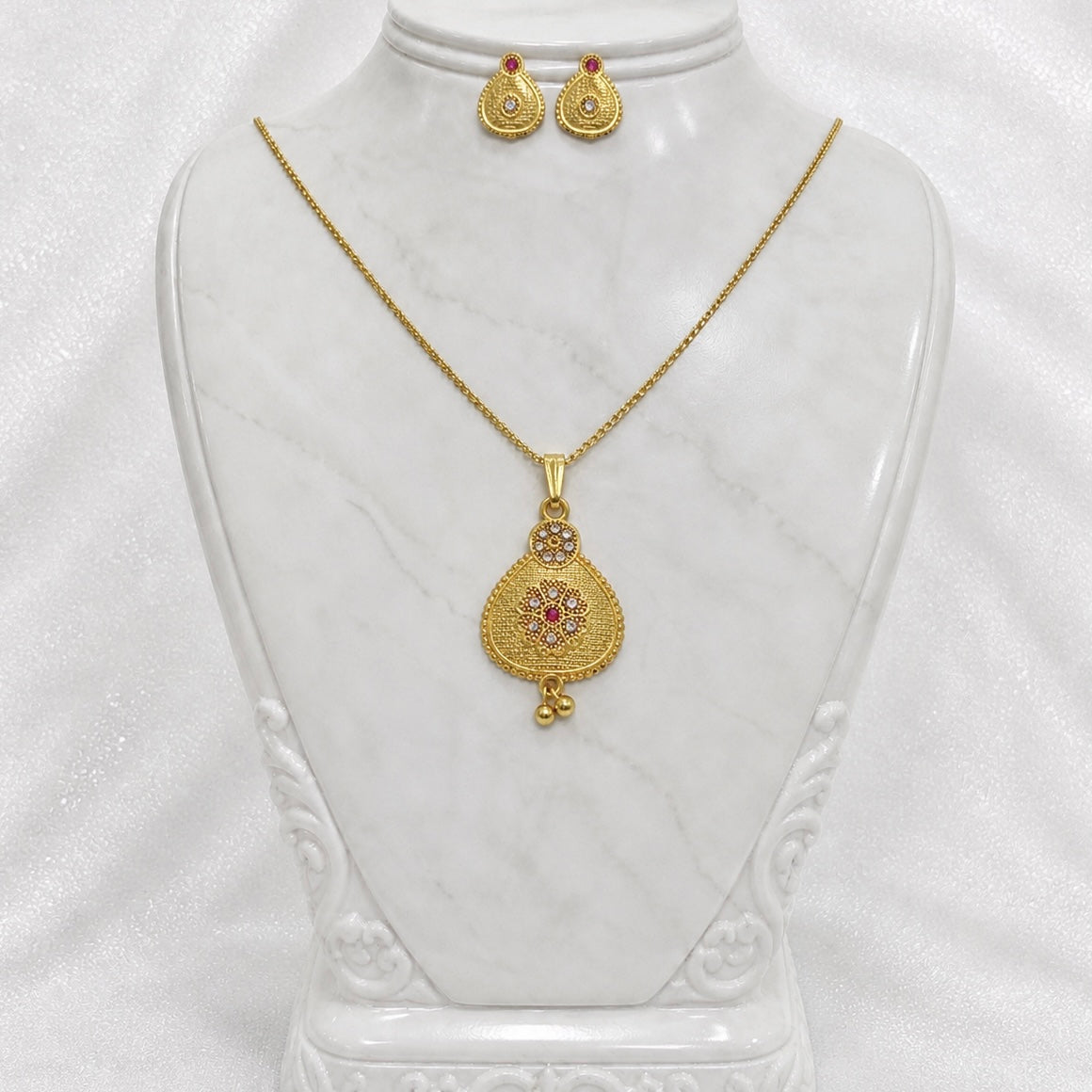 Luxury Pear Drop AD Ruby Gold Pendant Necklace Set | Premium Microplated Handcrafted Jewellery