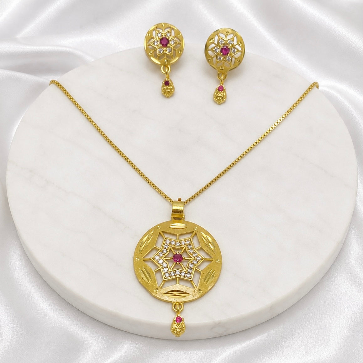 Gold Plated AD & Ruby Star Motif Necklace set | Designer Microplated Pendant with Earrings