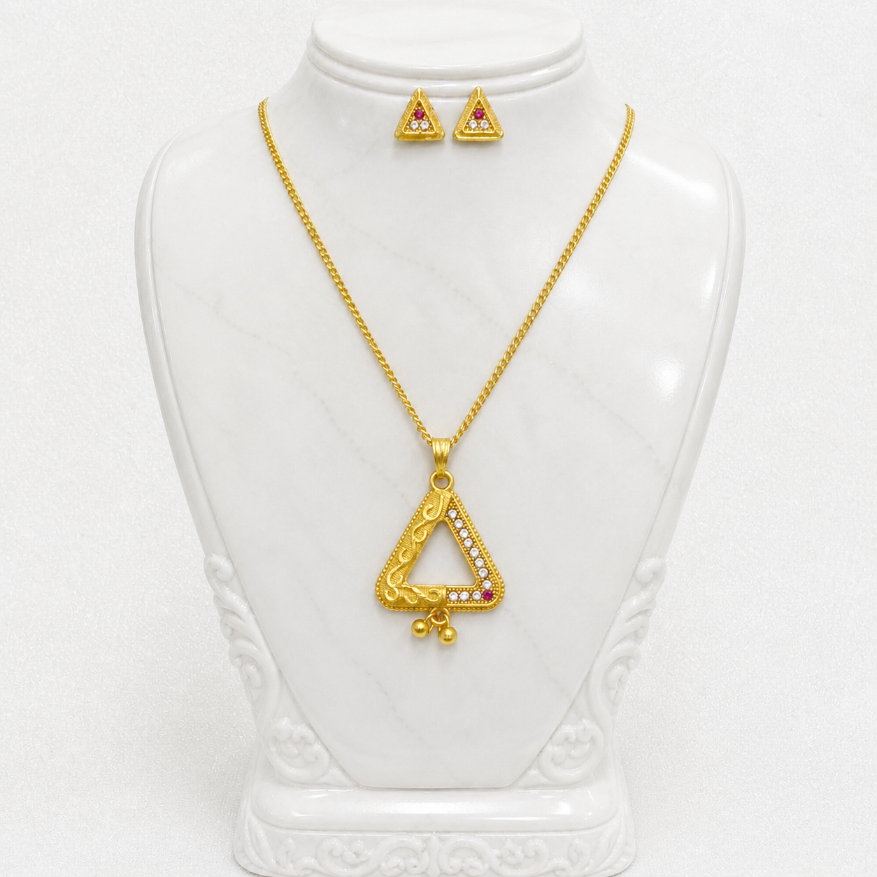 Luxury Triangle AD Ruby Gold Pendant Necklace Set | Premium Microplated Handcrafted Jewellery