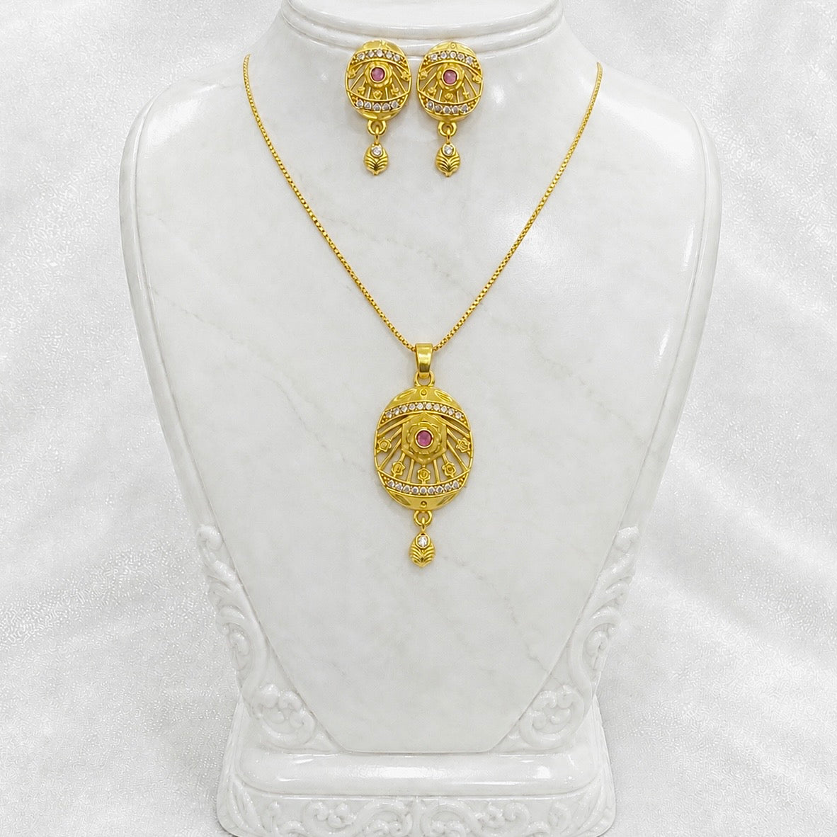 Gold Plated AD & Ruby Oval Necklace Set | Designer Microplated Oval Pendant with Earrings