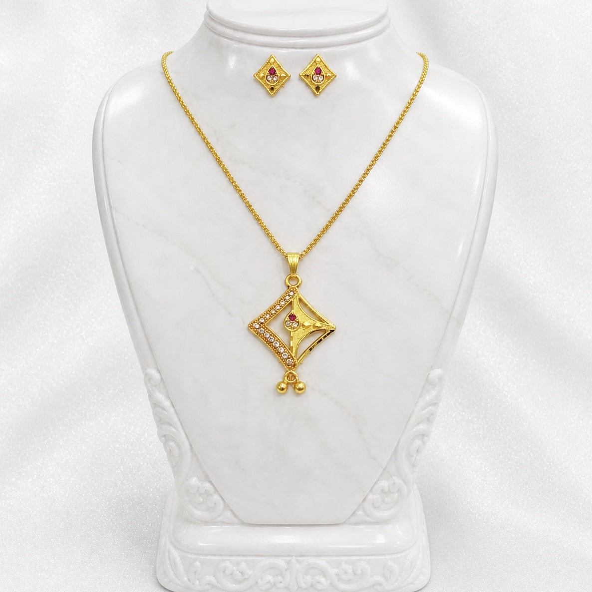 Luxury Geometric AD Ruby Gold Pendant Necklace Set | Premium Microplated Handcrafted Jewellery