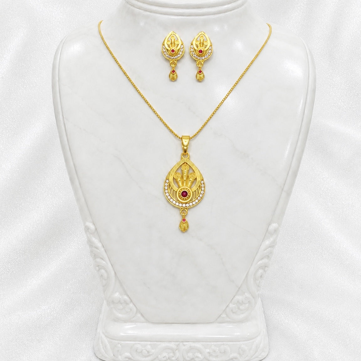 Luxury Ruby AD Teardrop Gold Necklace Set | Designer Microplated Pendant with Earrings