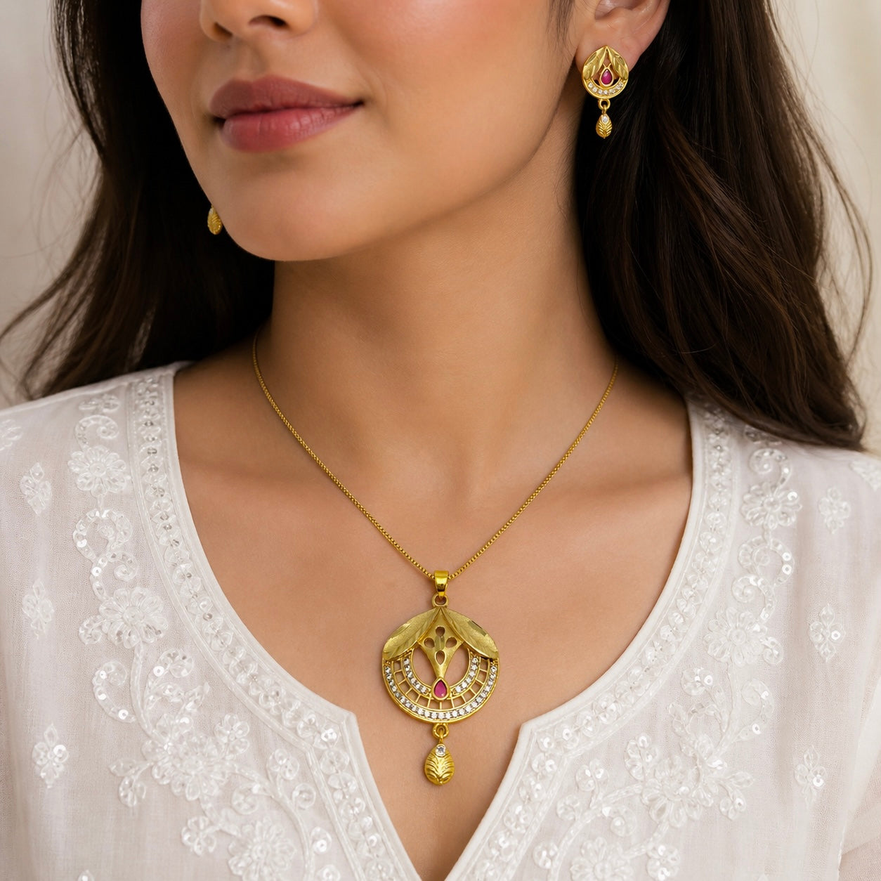 Gold Plated AD & Ruby Necklace Set with Earrings | Microplated Designer Pendant Set