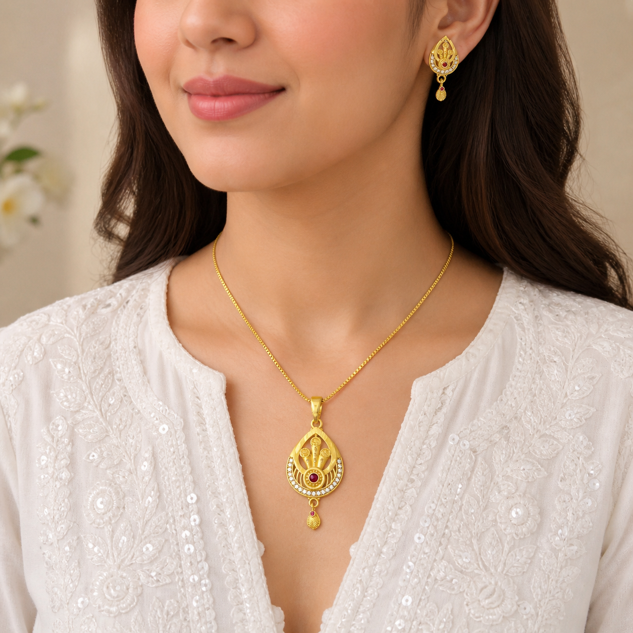 Luxury Ruby AD Teardrop Gold Necklace Set | Designer Microplated Pendant with Earrings