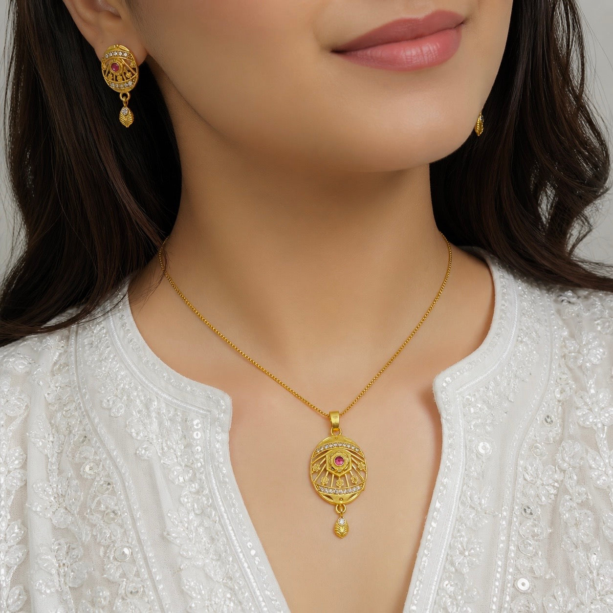 Gold Plated AD & Ruby Oval Necklace Set | Designer Microplated Oval Pendant with Earrings
