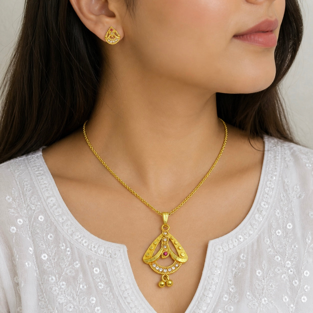 Luxury AD Ruby Teardrop Gold Pendant Necklace Set | Premium Microplated Handcrafted Jewellery Pricing