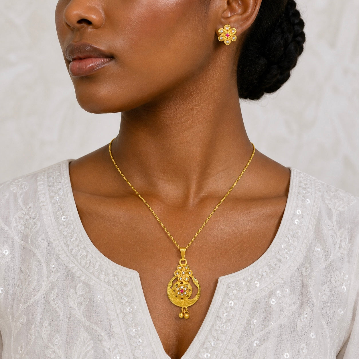 Luxury Floral AD Ruby Gold Pendant Necklace Set | Premium Microplated Handcrafted Jewellery