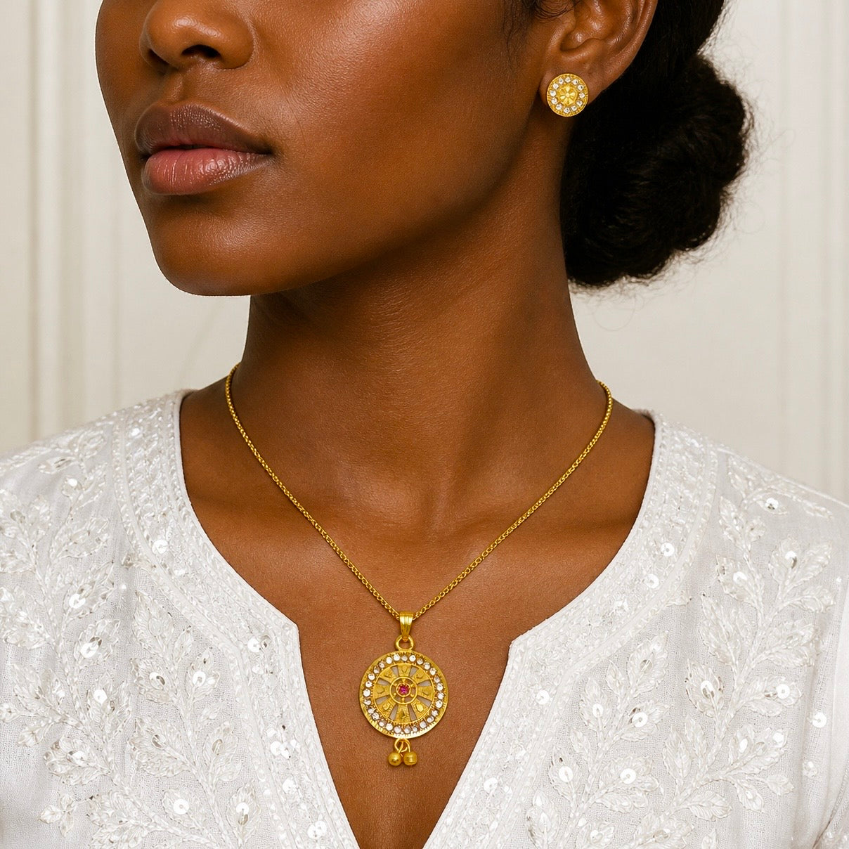 Luxury Circular AD Ruby Gold Pendant Necklace Set | Premium Microplated Handcrafted Jewellery