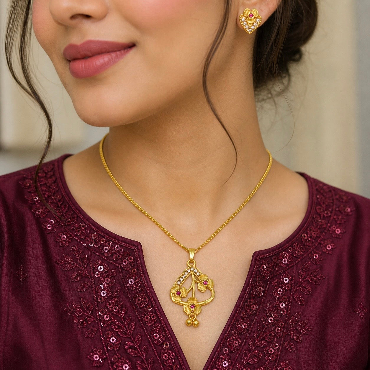 Luxury Floral AD Ruby Gold Pendant Necklace Set | Premium Microplated Handcrafted Jewellery