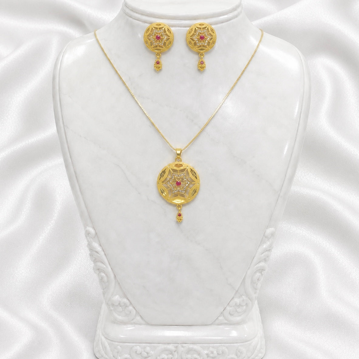 Gold Plated AD & Ruby Star Motif Necklace set | Designer Microplated Pendant with Earrings