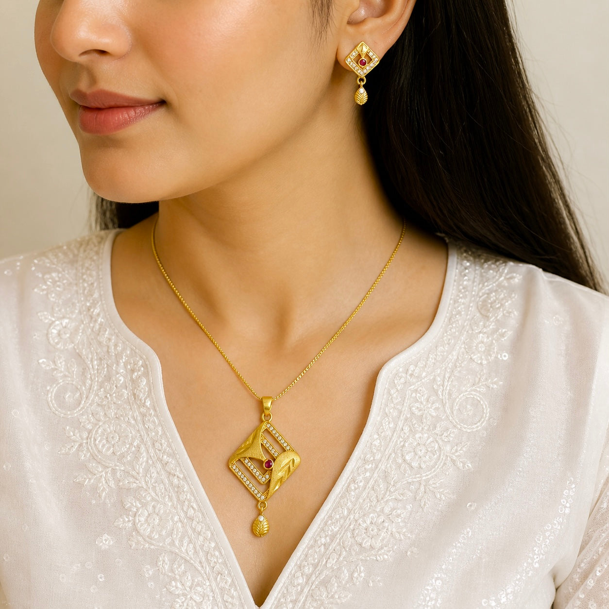 Luxury Ruby AD Geometric Gold Necklace Set | Premium Microplated Statement Jewellery