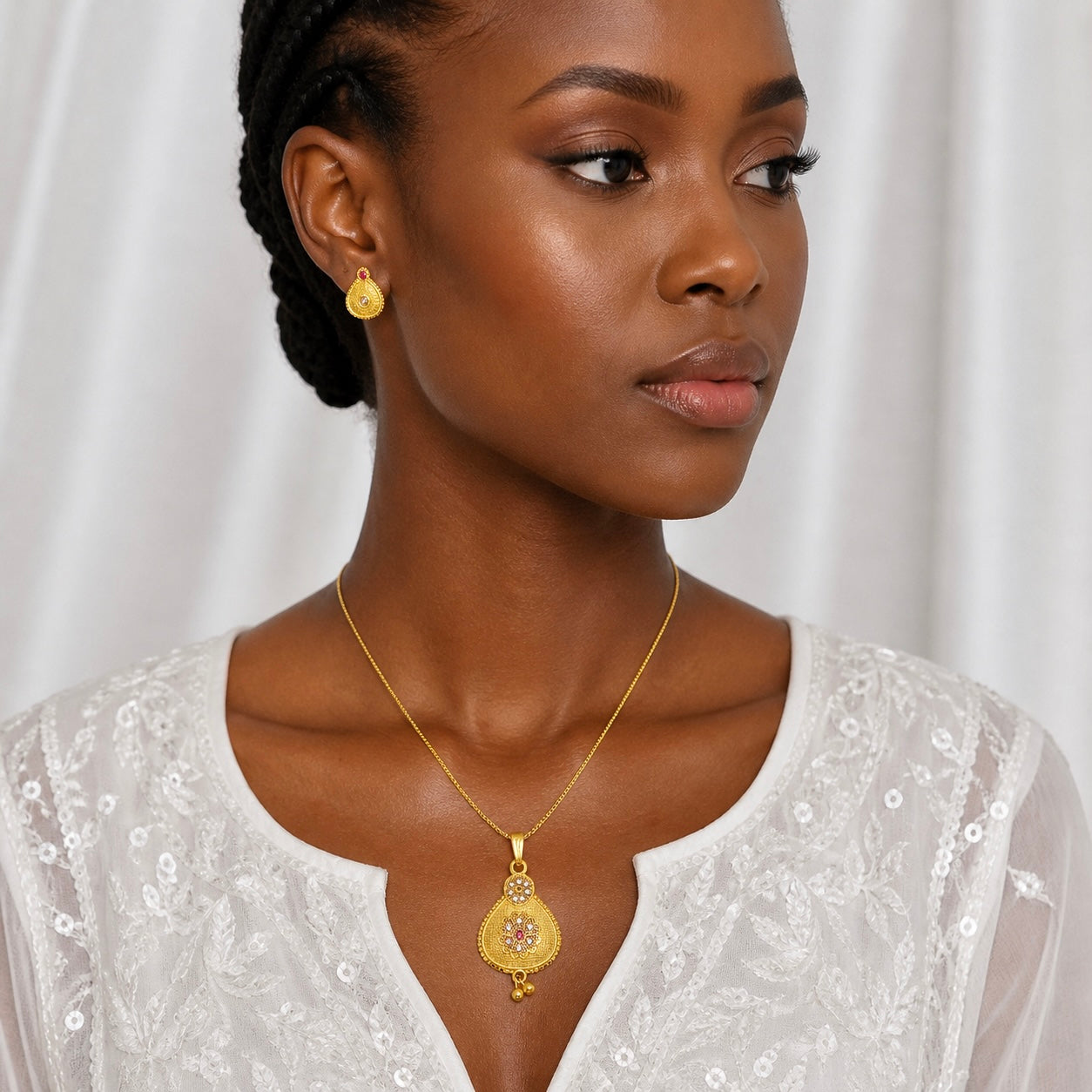 Luxury Pear Drop AD Ruby Gold Pendant Necklace Set | Premium Microplated Handcrafted Jewellery