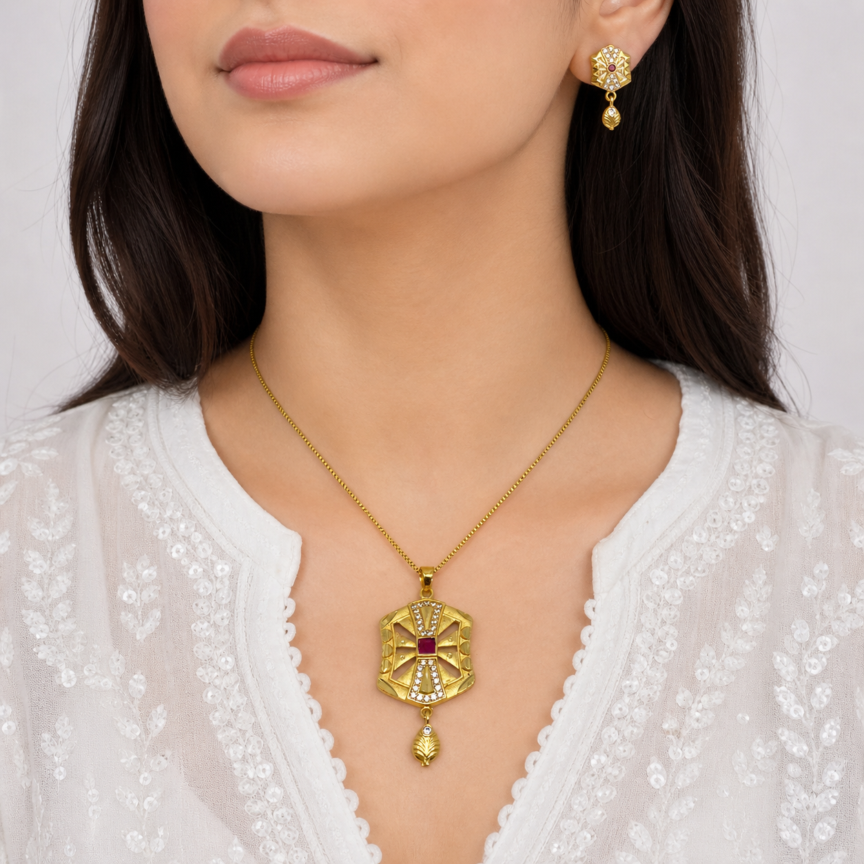 Luxury Ruby AD Statement Gold Necklace Set | Premium Microplated Handcrafted Jewellery