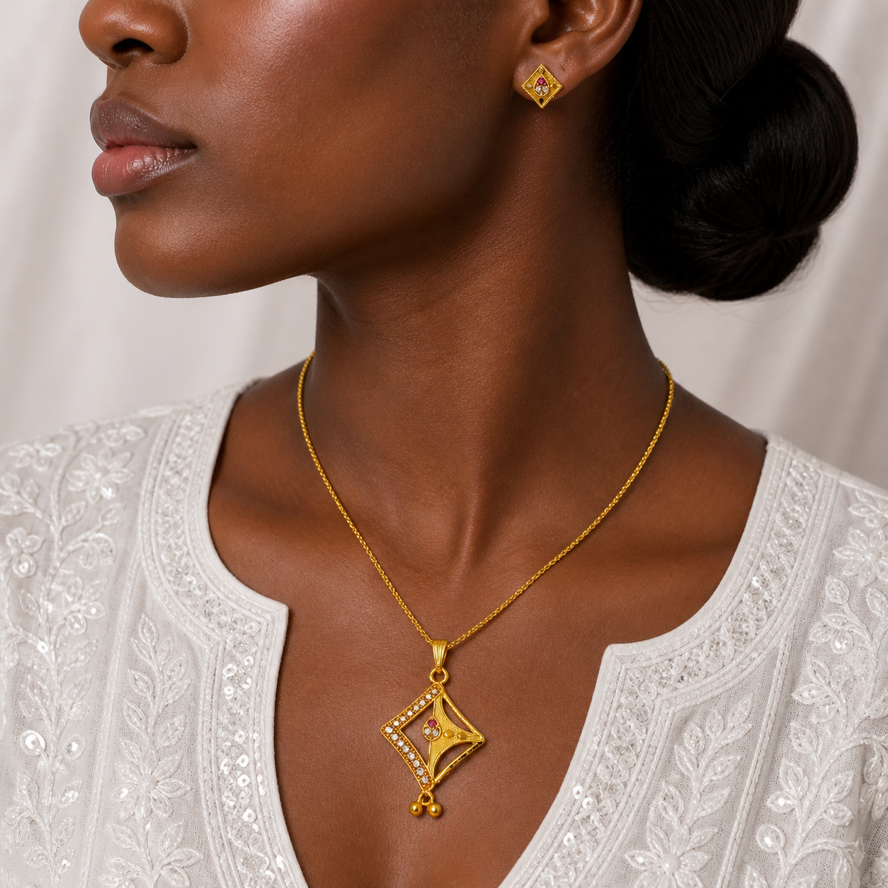 Luxury Geometric AD Ruby Gold Pendant Necklace Set | Premium Microplated Handcrafted Jewellery