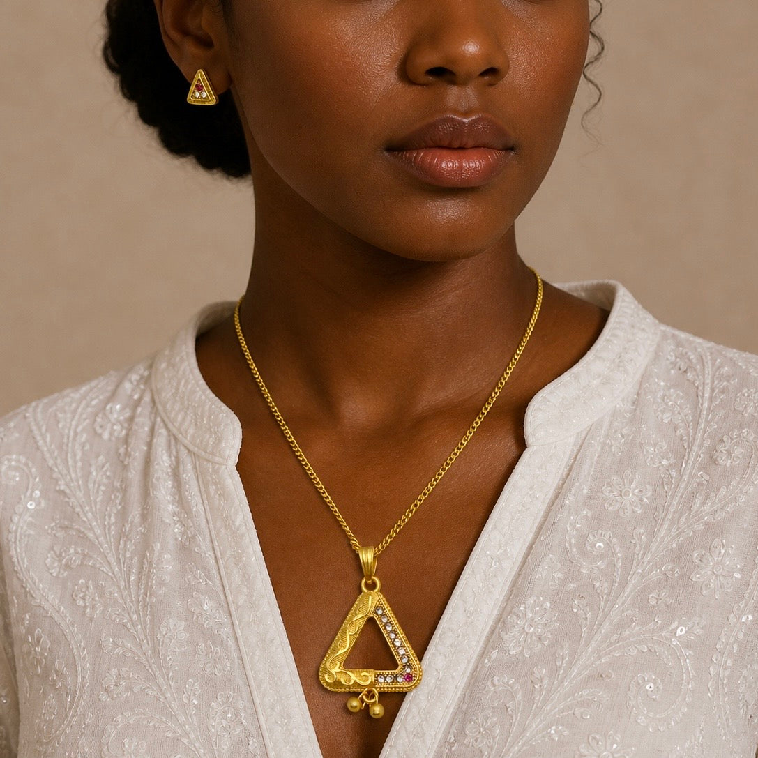 Luxury Triangle AD Ruby Gold Pendant Necklace Set | Premium Microplated Handcrafted Jewellery