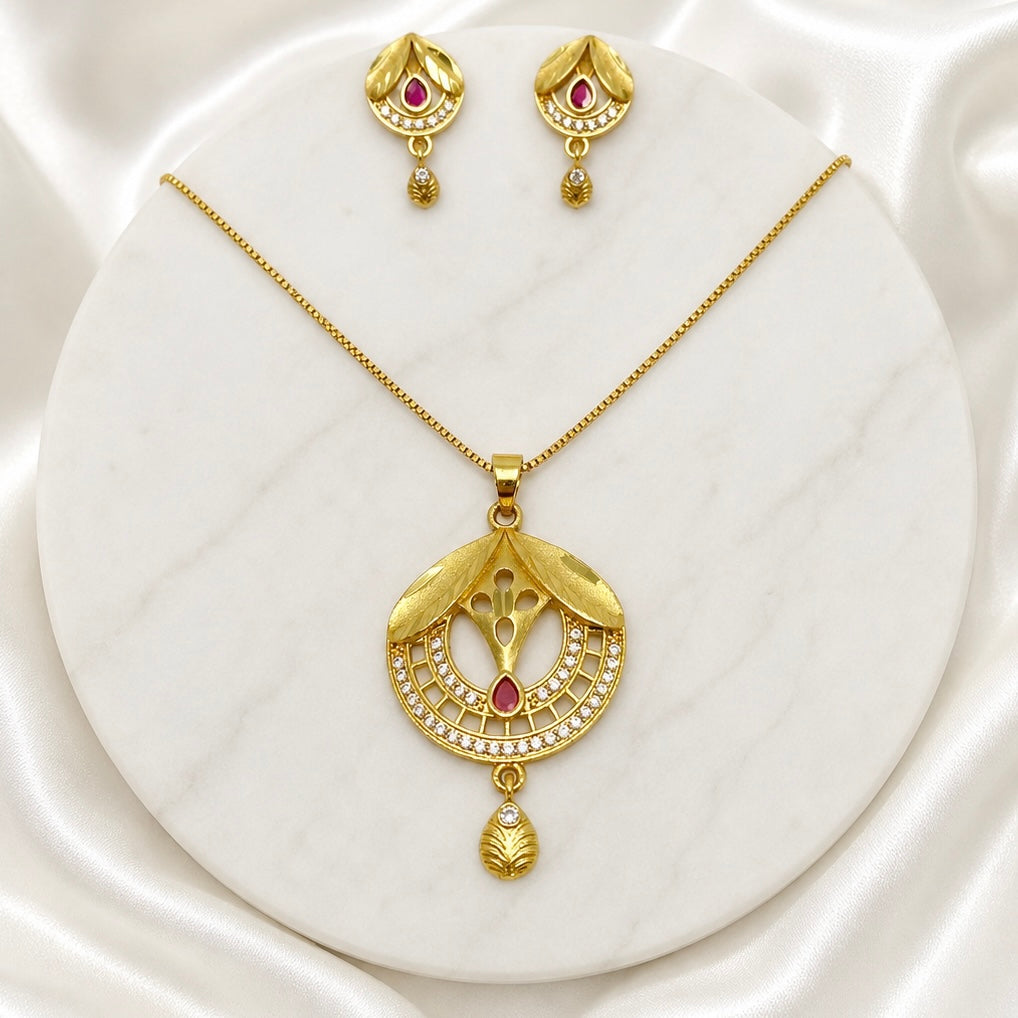 Gold Plated AD & Ruby Necklace Set with Earrings | Microplated Designer Pendant Set