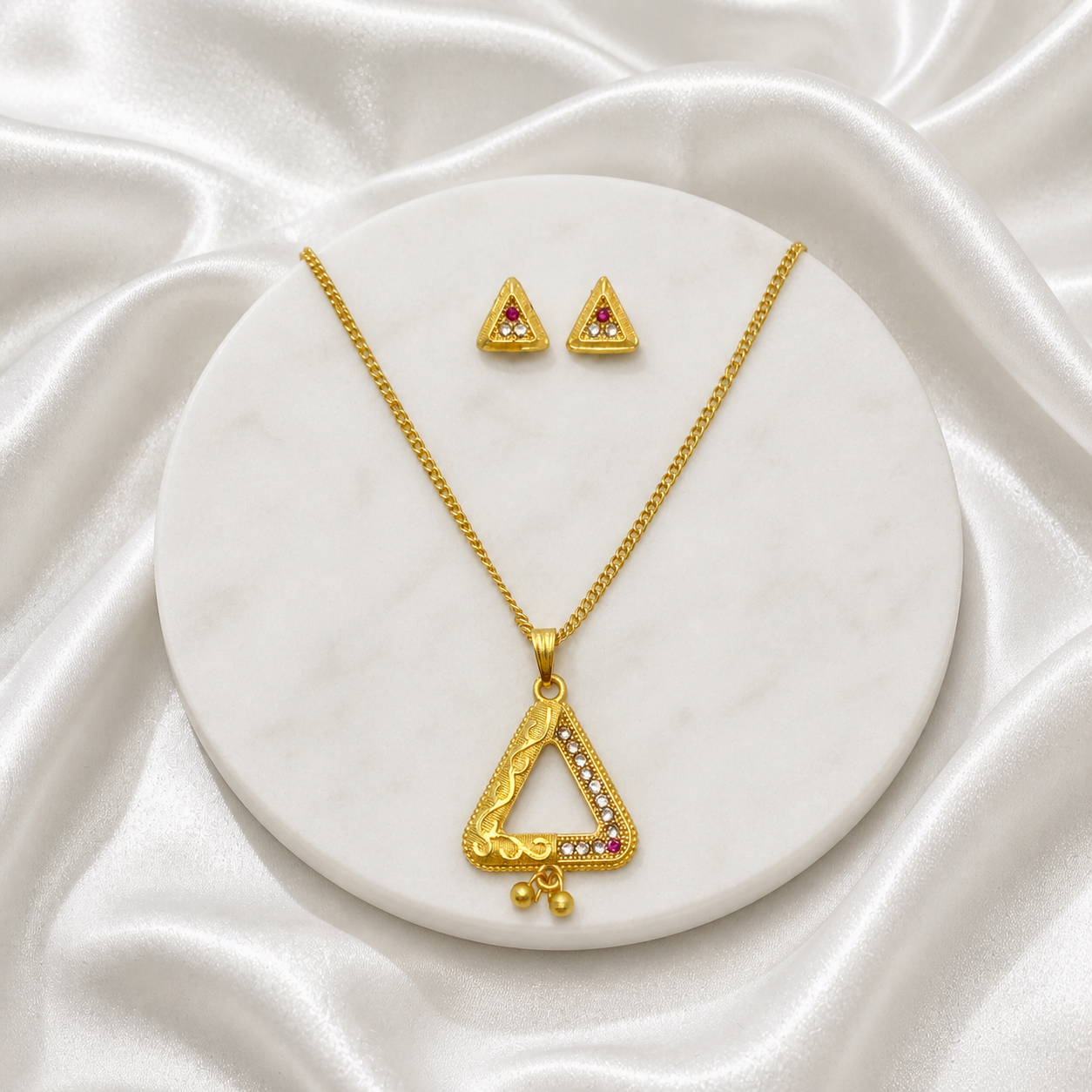 Luxury Triangle AD Ruby Gold Pendant Necklace Set | Premium Microplated Handcrafted Jewellery