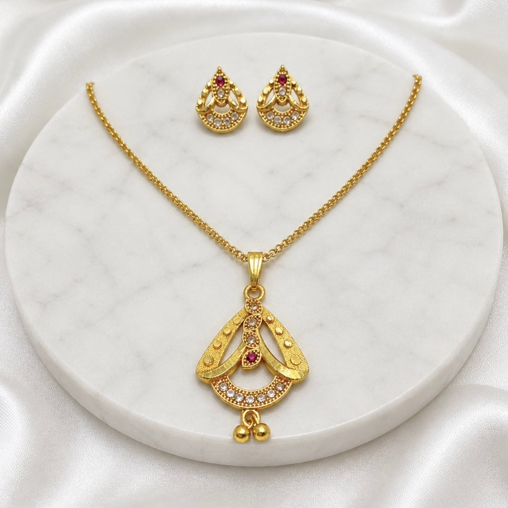Luxury AD Ruby Teardrop Gold Pendant Necklace Set | Premium Microplated Handcrafted Jewellery Pricing