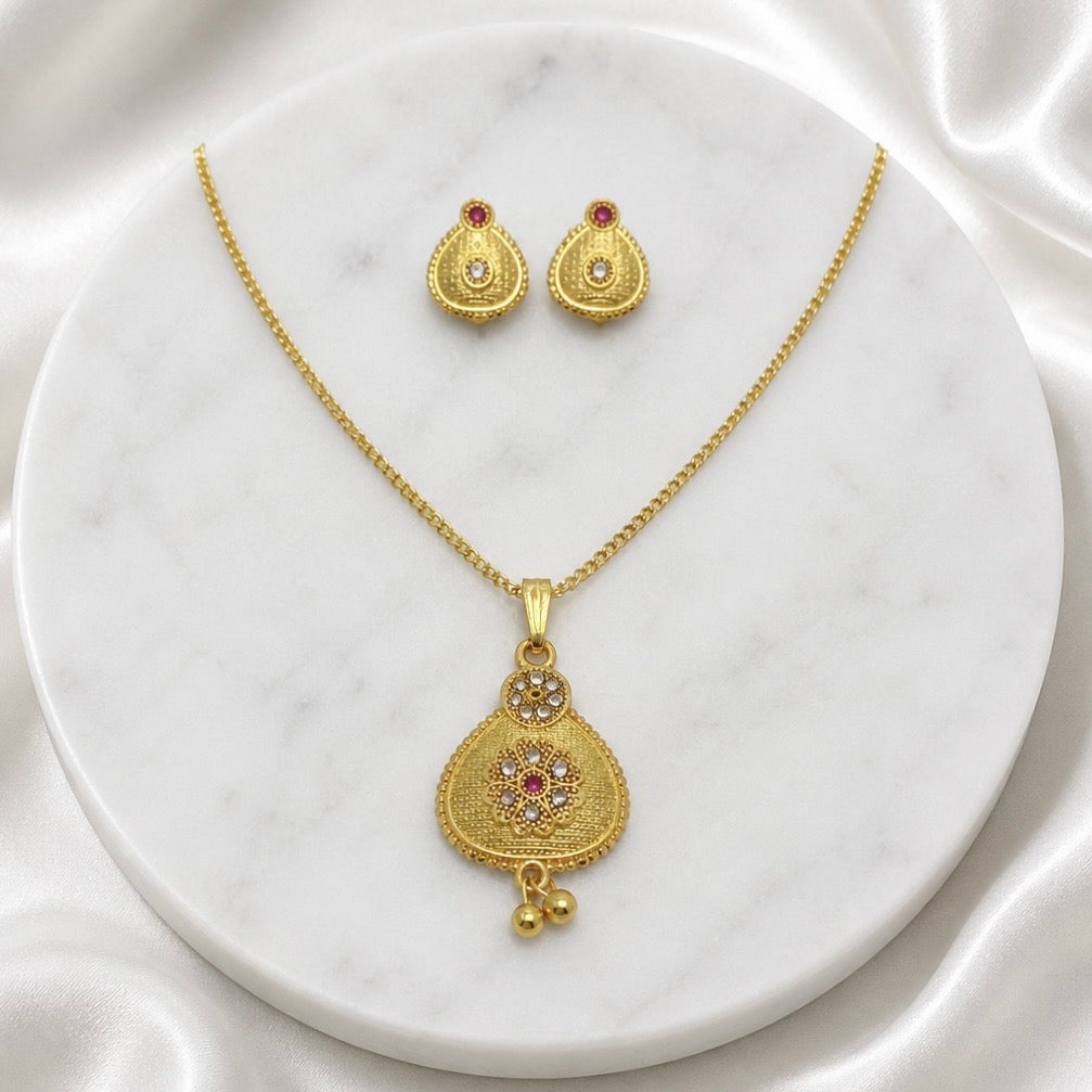 Luxury Pear Drop AD Ruby Gold Pendant Necklace Set | Premium Microplated Handcrafted Jewellery