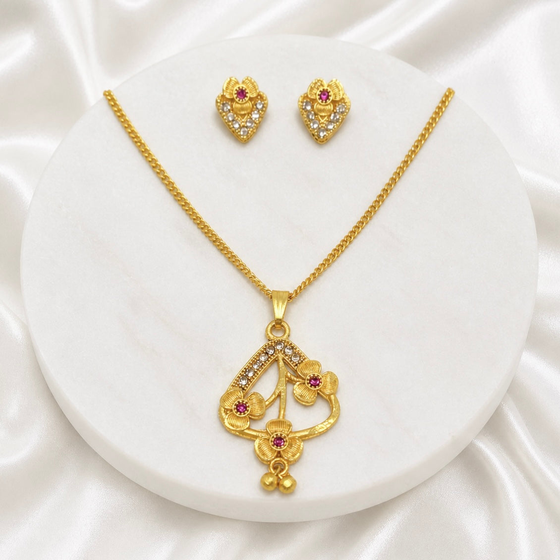 Luxury Floral AD Ruby Gold Pendant Necklace Set | Premium Microplated Handcrafted Jewellery