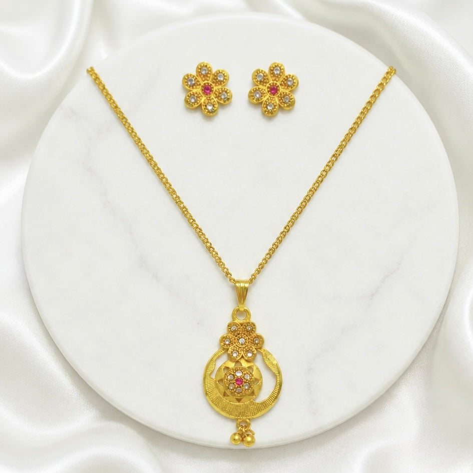 Luxury Floral AD Ruby Gold Pendant Necklace Set | Premium Microplated Handcrafted Jewellery