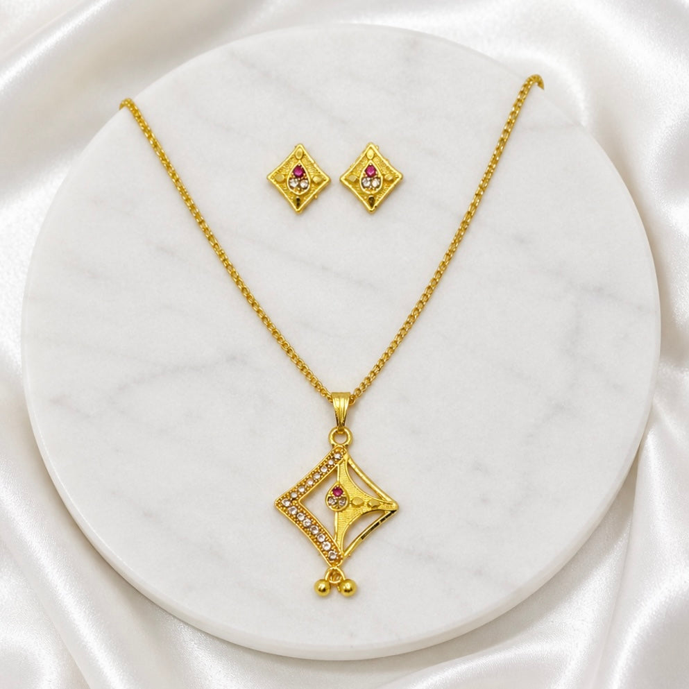 Luxury Geometric AD Ruby Gold Pendant Necklace Set | Premium Microplated Handcrafted Jewellery
