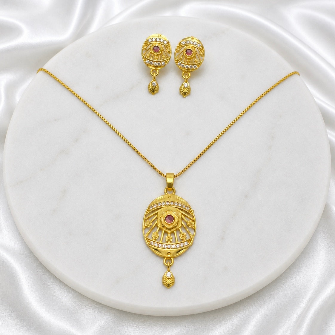 Gold Plated AD & Ruby Oval Necklace Set | Designer Microplated Oval Pendant with Earrings
