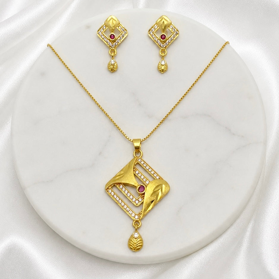 Luxury Ruby AD Geometric Gold Necklace Set | Premium Microplated Statement Jewellery
